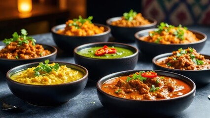 Obraz premium Bowls of assorted curries served on dark dining table.