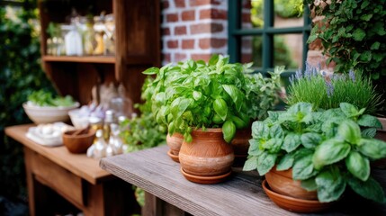 Fresh Herbs in Terracotta Pots on Rustic Wooden Table Surrounded by Lush Greenery in a Cozy Outdoor Kitchen Setting