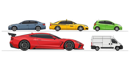 Fototapeta premium Five colorful car illustrations in various styles against a white background