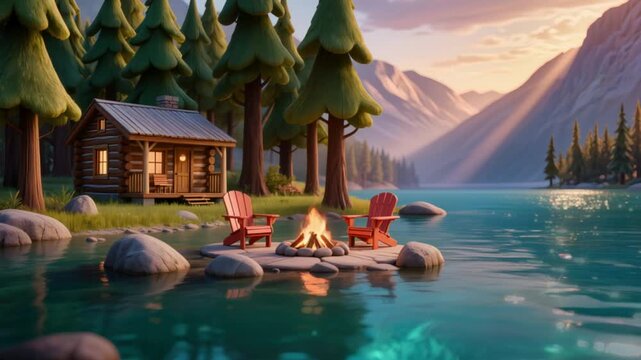 seamless loop firepit near a lake- fantasy style