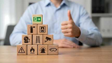 Fire safety and occupational hazard management concept with wooden blocks.