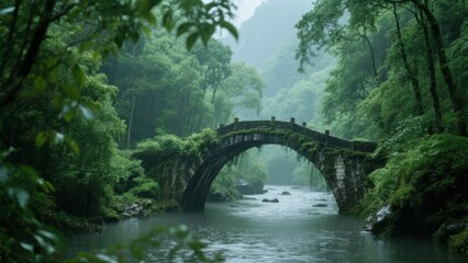 Fototapeta premium Stone arch bridge over a river in a lush green forest with misty atmosphere