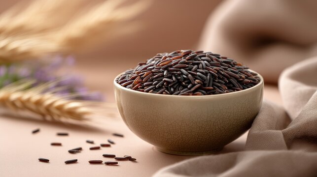 Fresh heap of nutritious black rice in a ceramic bowl surrounded by natural elements and soft fabric on a warm background