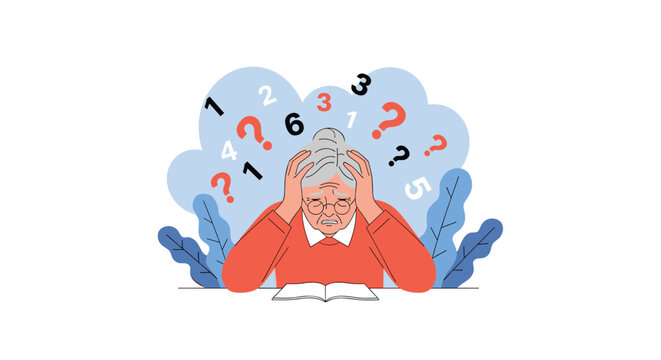 Confused elderly woman holds her head in frustration while surrounded by floating numbers and question marks signifying memory loss or dementia.