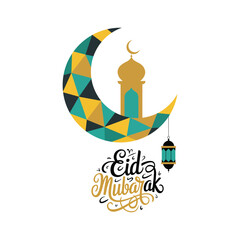 Eid Mubarak greeting card with crescent moon and lantern  Islamic holiday celebration