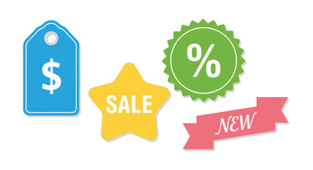 A vibrant collection of sale tags and symbols including a dollar sign percent star and ribbon silhouette high quality professional detailed