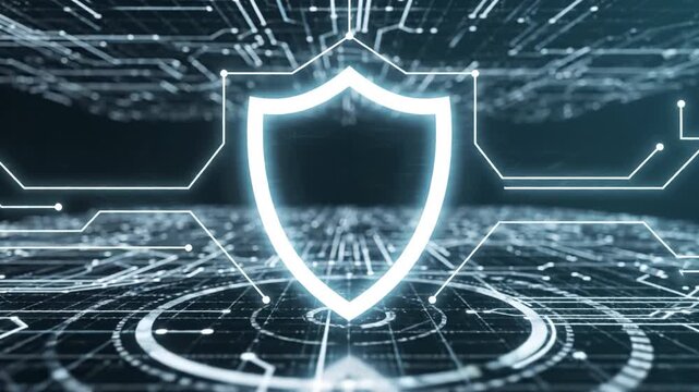Glowing digital shield and checkmark symbolizing cybersecurity protection, trusted network verification and data defense over futuristic circuit grid with neon technology lines and secure digital