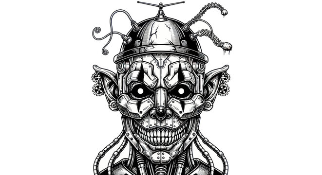Scary Steampunk Clown Robot Face Illustration