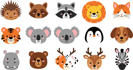 Obraz premium Cute Animal Faces Collection with Lion, Fox, Tiger, Penguin, Zebra, Bear, Raccoon, Koala, and Deer Cartoon Illustration for Kids Design