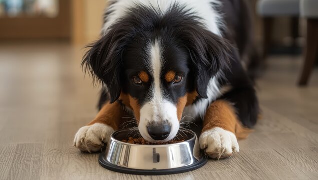 Indoor Bernese mountain dog feeding from a bowl