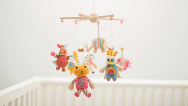 Infant crib mobile - children's toys, against a white backdrop