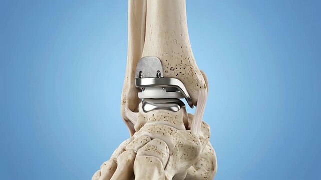 Close up 3D medical animation showcasing a metallic ankle joint prosthesis surgically implanted into a human tibia fibula and tarsal bones with