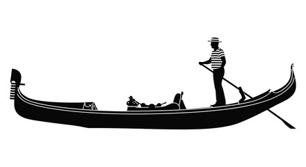 A gondola with a striped shirted gondolier and passenger is depicted in a stark black silhouette high quality professional detailed modern elegant © mrvect02