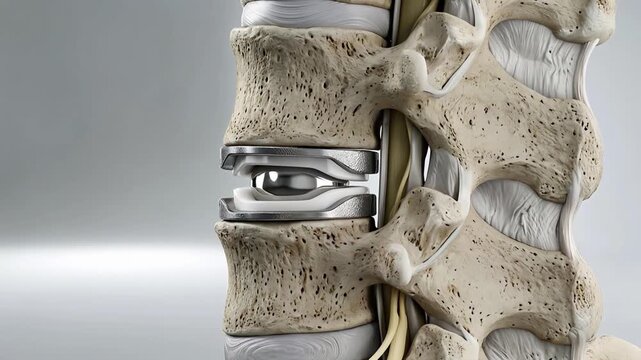 Detailed 3D Medical Animation of Lumbar Spine With Artificial Intervertebral Disc Replacement Showing Healthy Bone Structure and Spinal Cord Detail