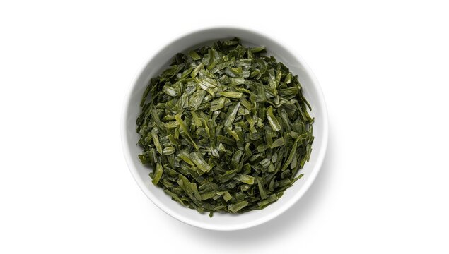 Isolated bowl with dried aonori seaweed flakes and furikake on a white background