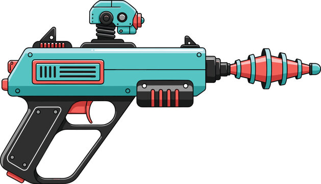 Futuristic Laser Gun Illustration with Sci Fi Ray Blaster Weapon Design for Space Adventure Games, Technology Concept, and Cartoon Style Graphics