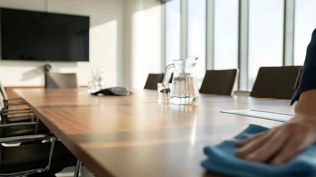 Professional Hand Wiping Wooden Conference Table With Blue Cloth In Bright Modern Office Meeting Room With Large Window View Sunlight Gleaming Across