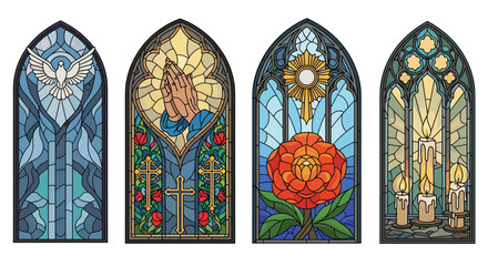 Beautifully crafted stained glass windows featuring religious and symbolic imagery like a white dove, praying hands, and a rose.