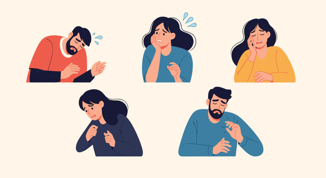 Set of diverse people expressing sadness and distress through crying and emotional facial expressions and body gestures.