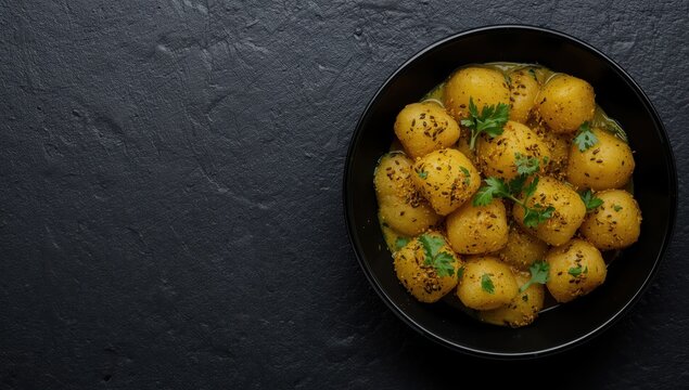 Jeera Aloo in a black bowl on a dark slate surface; it's an Indian dish featuring baby potatoes, cumin seeds, and coriander. Ample copy space