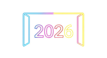 A neon sign with the year 2026 in a colorful frame 2026 soccer world championship. Transparent background