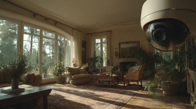Smart Home Security: Modern Living Room with CCTV Camera, Security camera