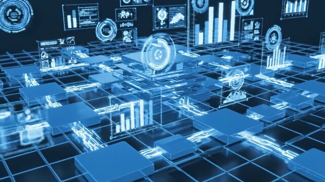 Futuristic digital network grid with glowing data nodes hologram charts layered circuit pathways conveying analytics connectivity. blue illuminated circuit grid with three translucent square modules