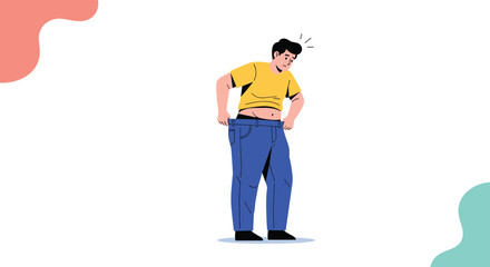 Fototapeta premium Man looks surprised and happy while holding out his oversized jeans after achieving significant weight loss through fitness.
