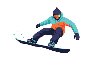 Fototapeta premium Active snowboarder in bright winter gear performs an impressive jump trick against a clean white background scene.