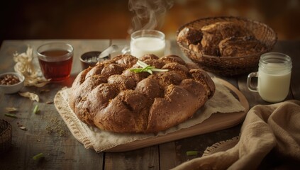 Fototapeta premium Large Russian loaf with chicken and scallions
