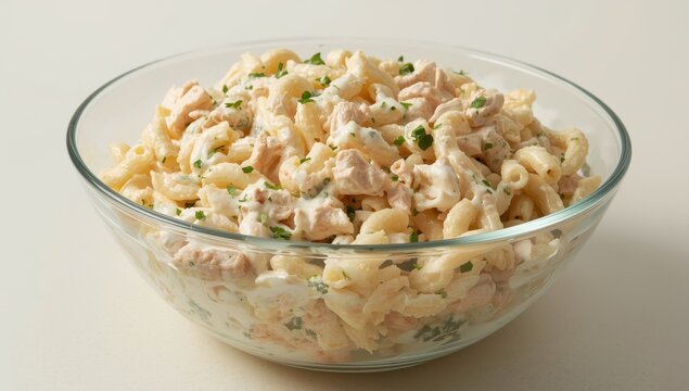 Large glass bowl with chicken and macaroni salad
