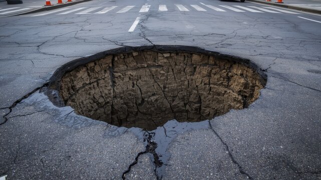 Large sinkhole on road with traffic cone blocking cars; accident caused by asphalt cracks and damage