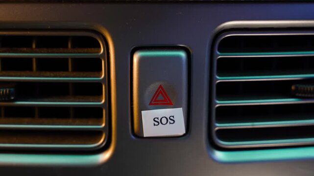 Close-up of the word SOS pasted on the emergency stop button in a car