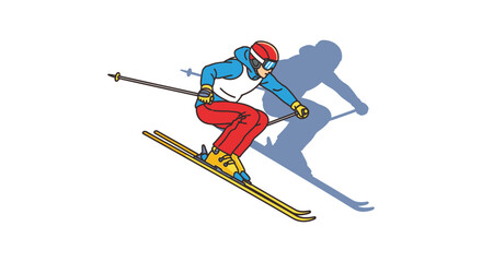 A brightly colored illustration depicts a skier in action dynamically posed with a striking shadow silhouette high quality professional detailed modern