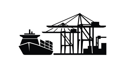 Obraz premium A stark black silhouette depicts a cargo ship alongside a dockside crane and industrial buildings silhouette high quality professional detailed modern