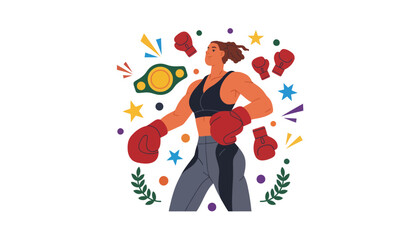 Female boxer illustration with colorful confetti and championship belt