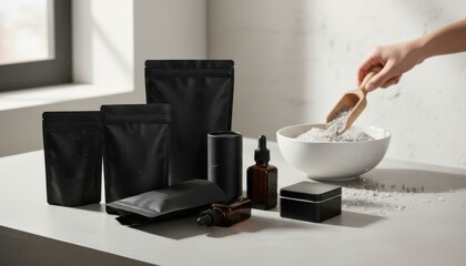 Cosmetic packaging with skincare products and white powder on table