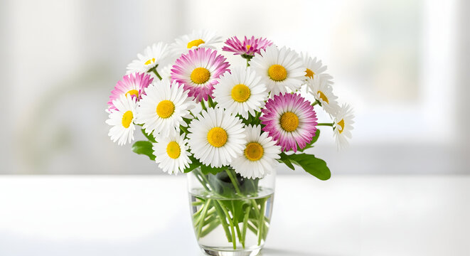 White and pink daisies in glass vase on white surface