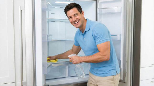 Man cleaning the inside of a refrigerator with a cloth and spray  