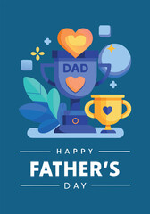 Happy father's day illustration with a 'dad' trophy, a small cup, and decorative elements.
