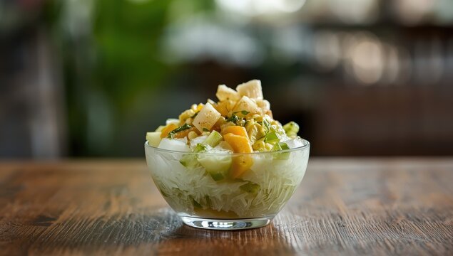 Narrow focus on a bowl of cendol nangka on the table