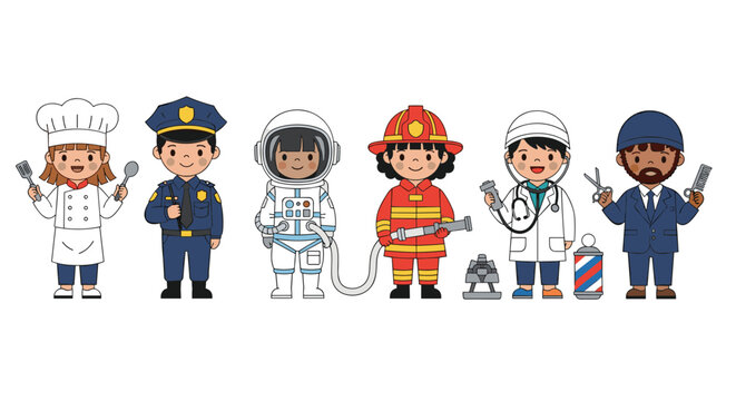 Adorable set of diverse cartoon children dressed up in various professional costumes for career day celebrations.