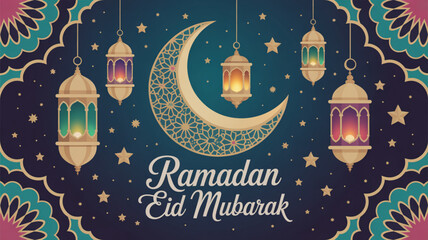 Ramadan eid mubarak greeting card with crescent moon lanterns and stars on a dark blue background with colorful patterns © Shahid