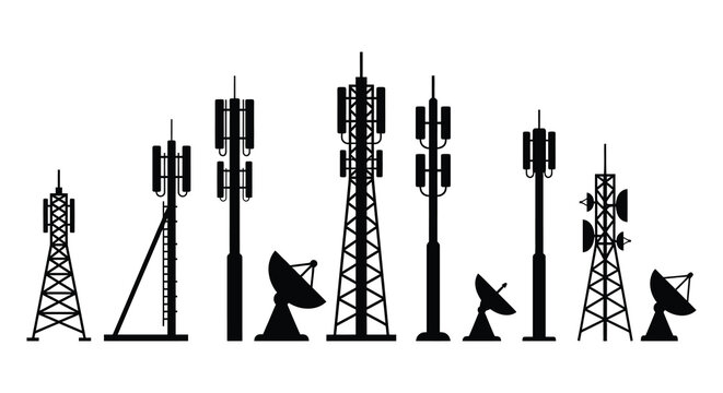 A stark black silhouette depicts a diverse collection of communication towers and antennas against a white backdrop silhouette high quality professional
