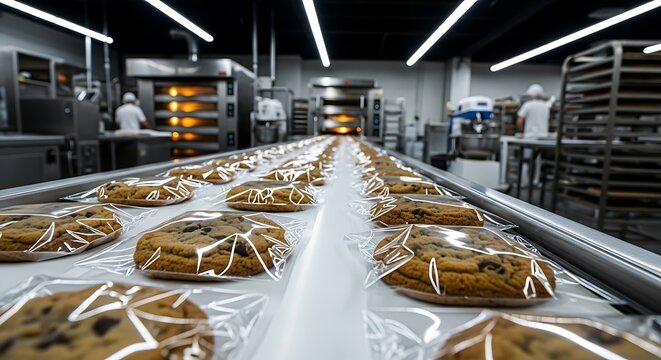 Individually wrapped chocolate chip cookies on a conveyor belt in a commercial bakery facility.