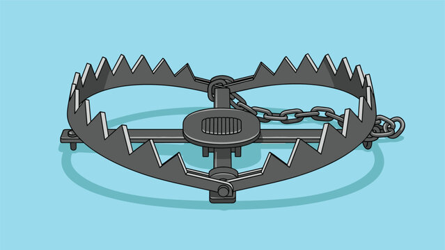 Heavy duty metal bear trap with sharp teeth and a chain lying open on a light blue background, ready for use in hunting or protection.