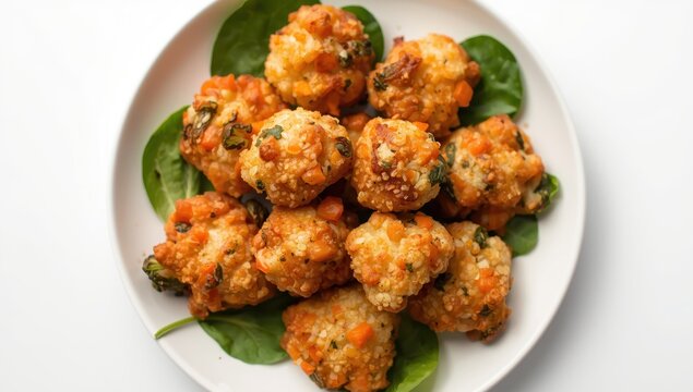 Nutritious veggie nuggets made with carrots, cauliflower, and spinach. Plant-based meal. Overhead shot on a white backdrop
