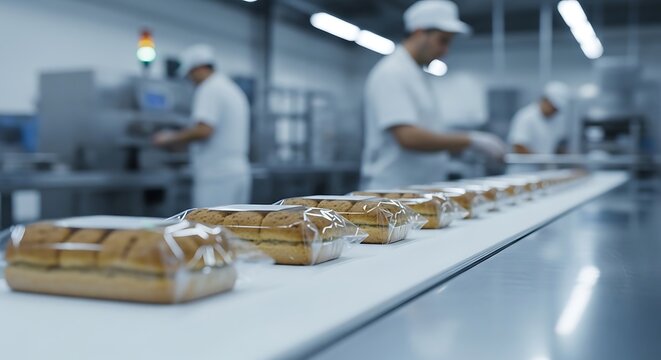 Automated packaging of fresh bread loaves on a conveyor belt in a large industrial bakery.