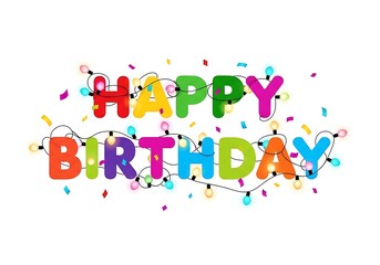 Fototapeta premium Colorful and festive birthday celebration with confetti and bright letters