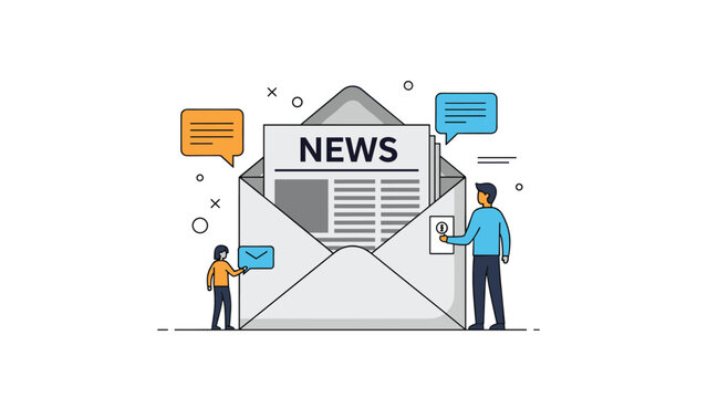 Creative concept of a digital news or email newsletter with people standing by a large envelope on a white background.